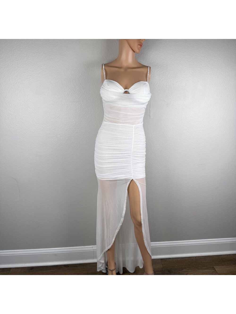 Fashion Nova White Ruched Mesh Maxi Dress S Rhinestone Straps Cutout Slit NWT